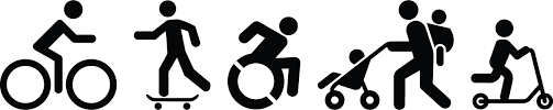 Icons of people using various transportation modes: biking, skateboarding, wheelchair use, strolling with a child, and scootering.