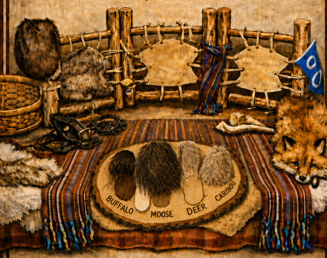 Different furs and skins sit on a table top