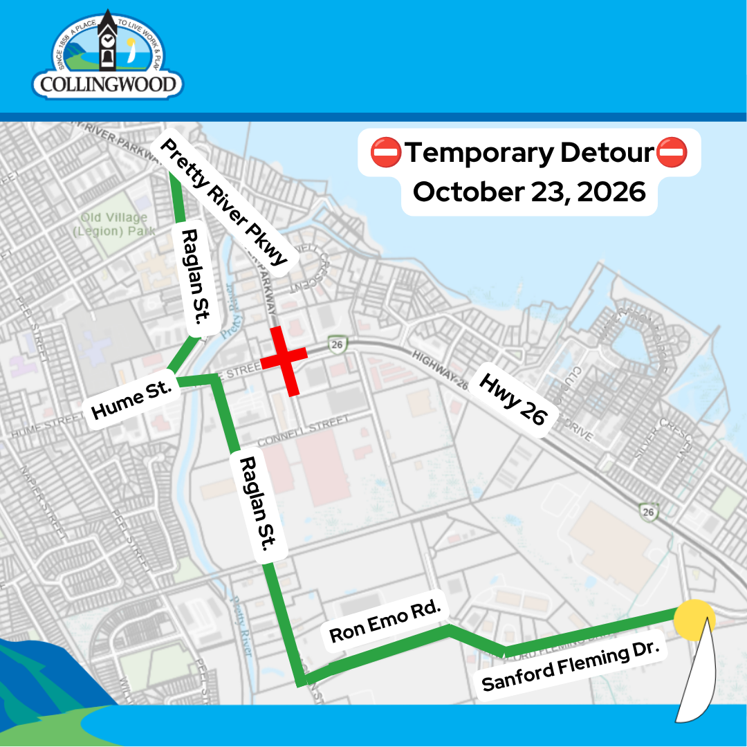 map of detour route around intersection of Pretty River Parkway and Hwy 26