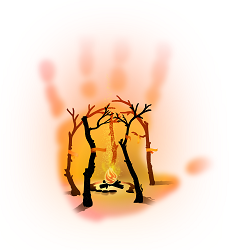 orange handprint behind image of trees with orange ribbons surrounding a fire